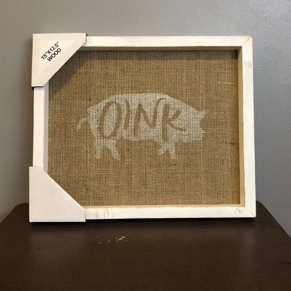 Framed Burlap Pig Art
